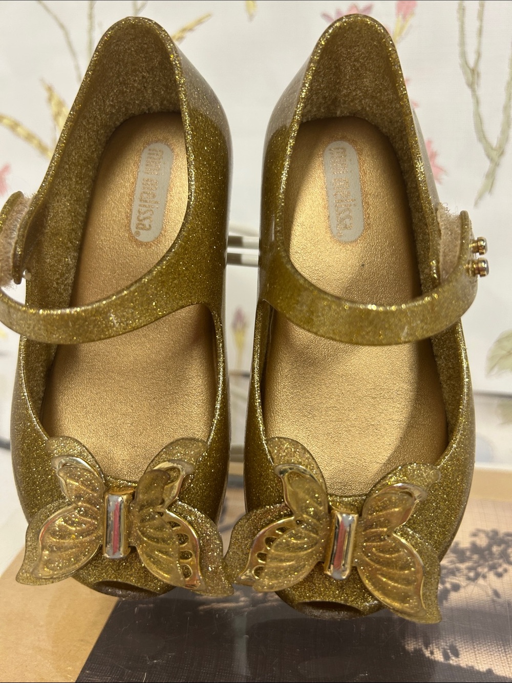 Mini Melissa Gold Glitter Mary Jane Shoes with Butterfly Accent
